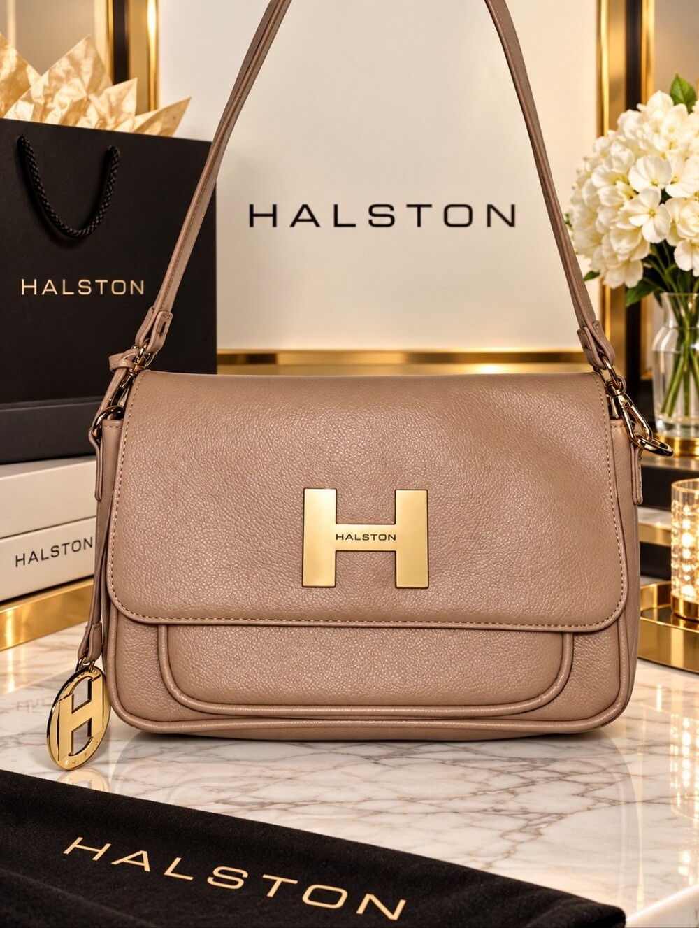 H By Halston Pebbled Tan/Blush Flap Handbag EUC